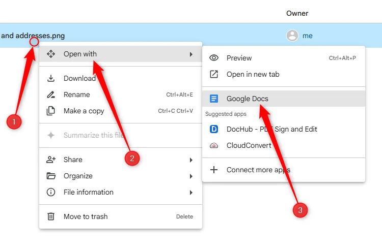 Chọn tùy chọn &quot;Mở bằng&quot; và &quot;Google Tài liệu&quot; từ menu chuột phải trên tệp hình ảnh trong Google Drive