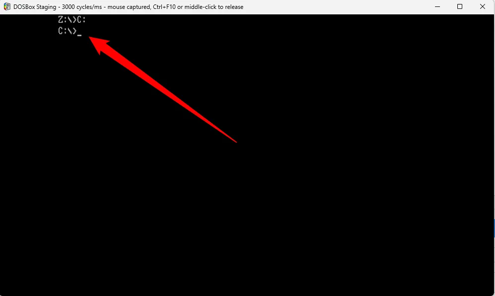 Chuyển từ ổ đĩa Z sang ổ đĩa C trong DOSBox Staging.