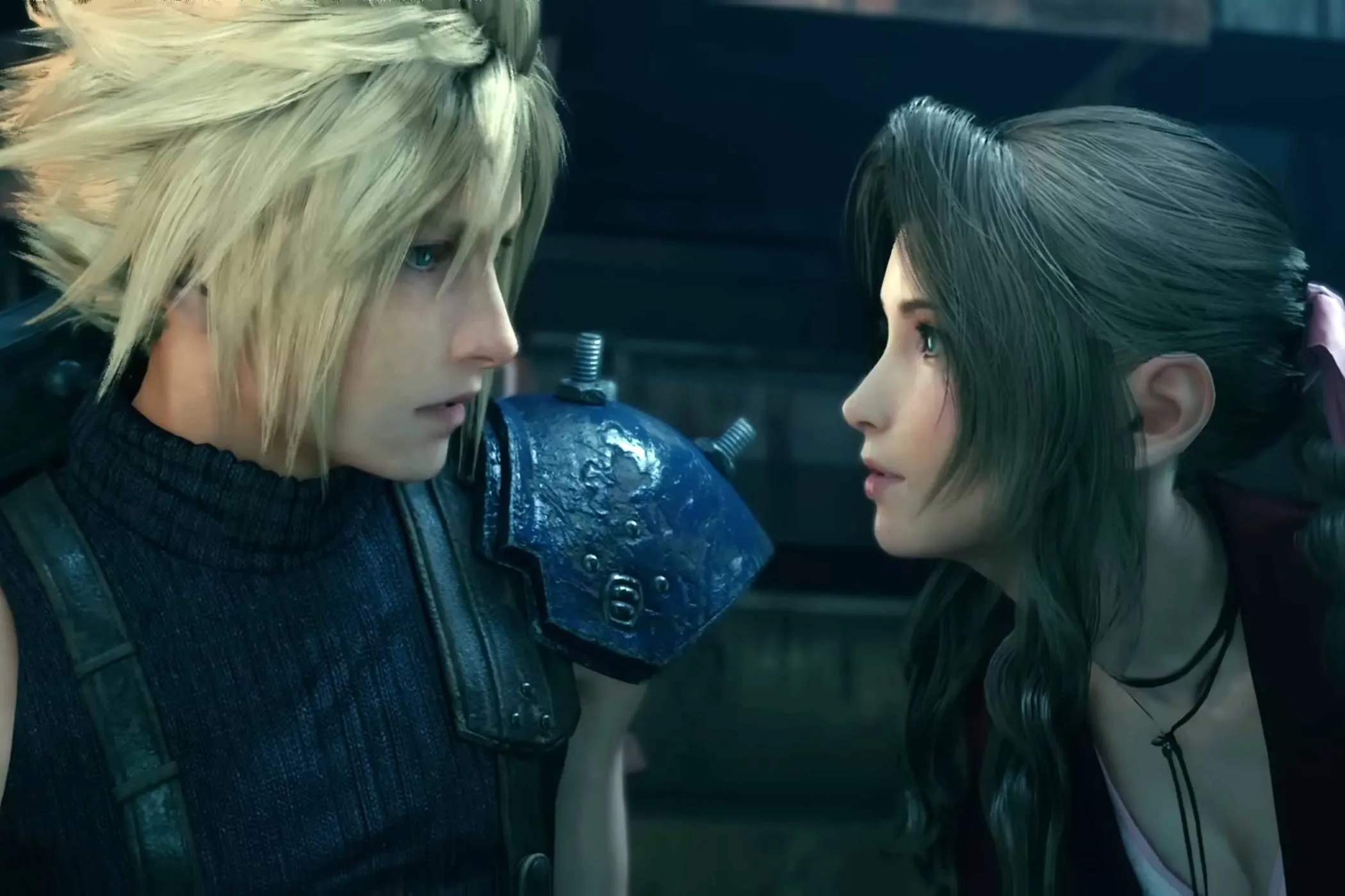 Cloud Strife và Aerith Gainsborough trong Final Fantasy VII Remake, một phiên bản làm lại của game JRPG huyền thoại với đồ họa và âm nhạc đỉnh cao.