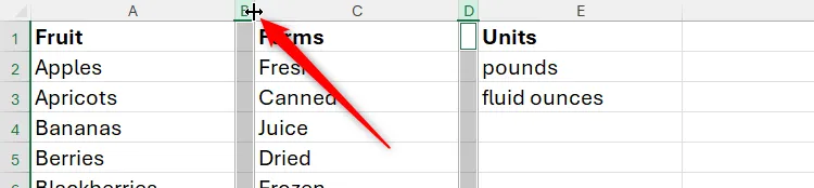 Con trỏ chuột trong Excel để thay đổi độ rộng cột