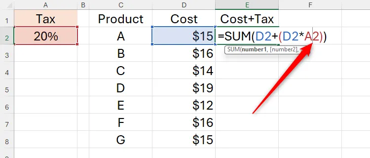 Con trỏ đang đặt giữa tham chiếu ô A2 trong công thức Excel, chuẩn bị nhấn F4 để chuyển đổi loại tham chiếu.