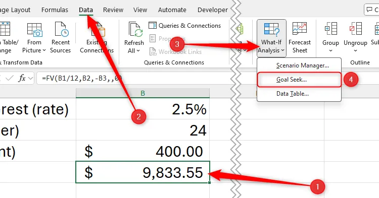 Công cụ Goal Seek (Tìm kiếm mục tiêu) được chọn trong tab Data của Microsoft Excel, hỗ trợ phân tích What-If.
