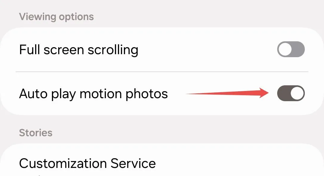 Công tắc &quot;Tự động phát ảnh chuyển động&quot; trong cài đặt Samsung Gallery