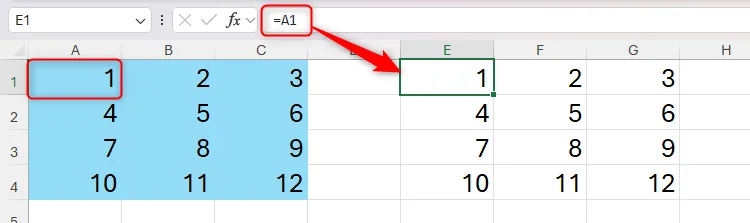Công thức liên kết ô trong Excel, tự động cập nhật giá trị từ ô gốc, minh họa tính năng link cells
