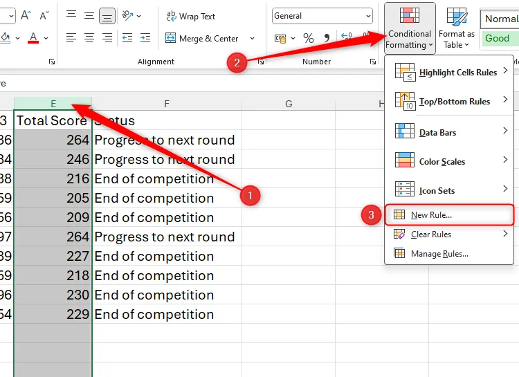 Cột E, chứa tổng điểm, được chọn trong bảng tính Excel, và New Rule trong menu Conditional Formatting được tô sáng