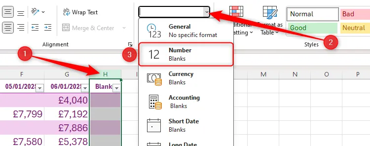 Cột H được chọn trong Excel và tùy chọn &quot;Number&quot; được chọn trong menu định dạng số của tab Home.