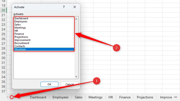 Cửa sổ Activate trong Microsoft Excel hiển thị danh sách tất cả các trang tính, giúp điều hướng sheet dễ dàng