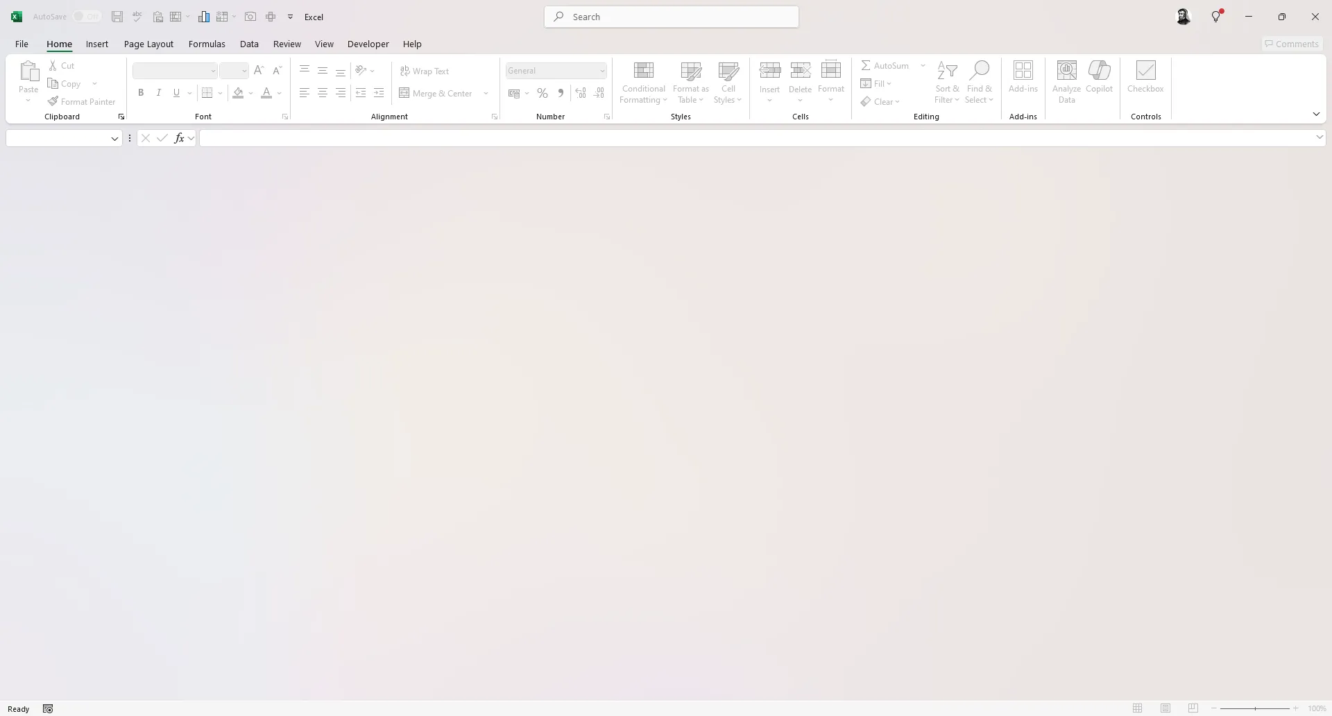 Cửa sổ Microsoft Excel đang mở nhưng không có bảng tính nào hoạt động, minh họa trạng thái sau khi đóng bảng tính bằng Ctrl+F4.