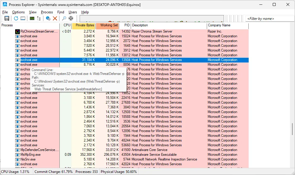 Cửa sổ Process Explorer hiển thị thông tin chi tiết về các tiến trình svchost.exe, bao gồm đường dẫn và dịch vụ liên quan, minh họa khả năng chẩn đoán vượt trội.