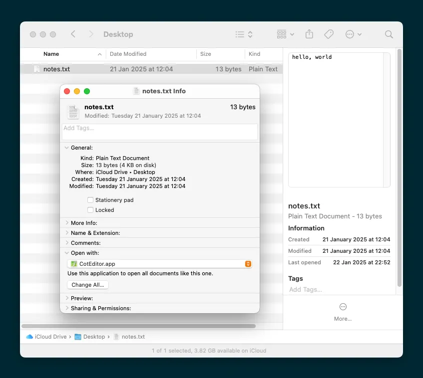 Cửa sổ thông tin tệp trong Finder trên macOS, minh họa tùy chọn &quot;Mở bằng&quot; cho phép người dùng chọn CotEditor làm ứng dụng mặc định cho một loại tệp cụ thể, giúp tối ưu hóa quy trình làm việc với các trình soạn thảo văn bản thuần túy.