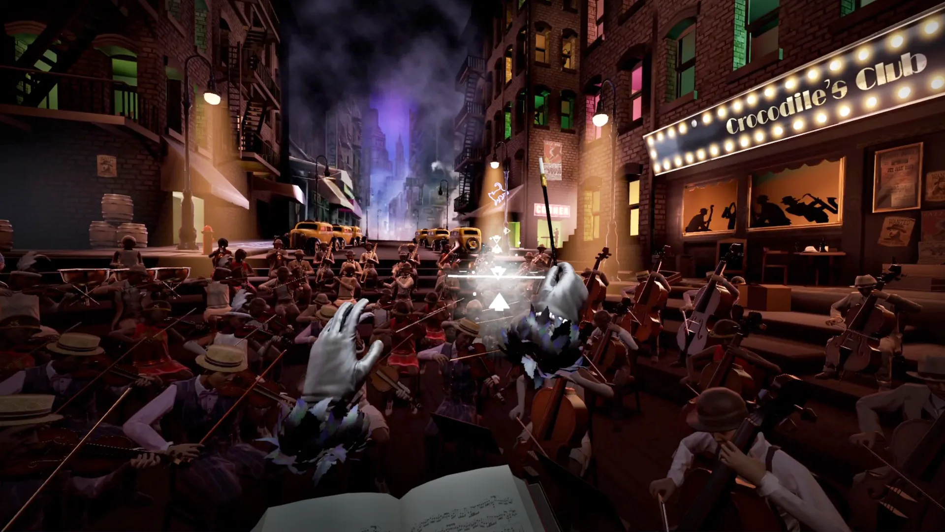Dàn nhạc chơi nhạc jazz trên đường phố New York trong game VR Maestro, minh họa trải nghiệm giải trí độc đáo của VR.