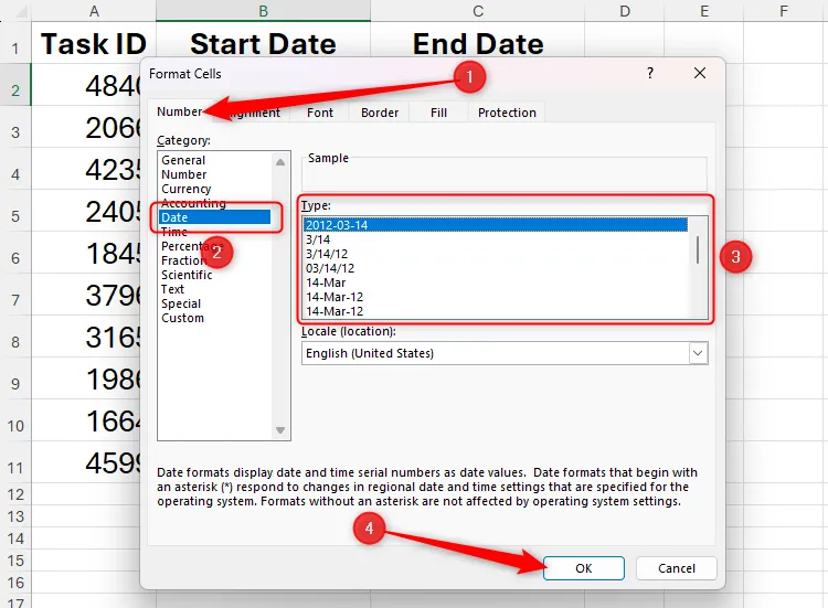 Danh mục Date trong hộp thoại Format Cells của Excel với một loại ngày tháng viết tắt được chọn