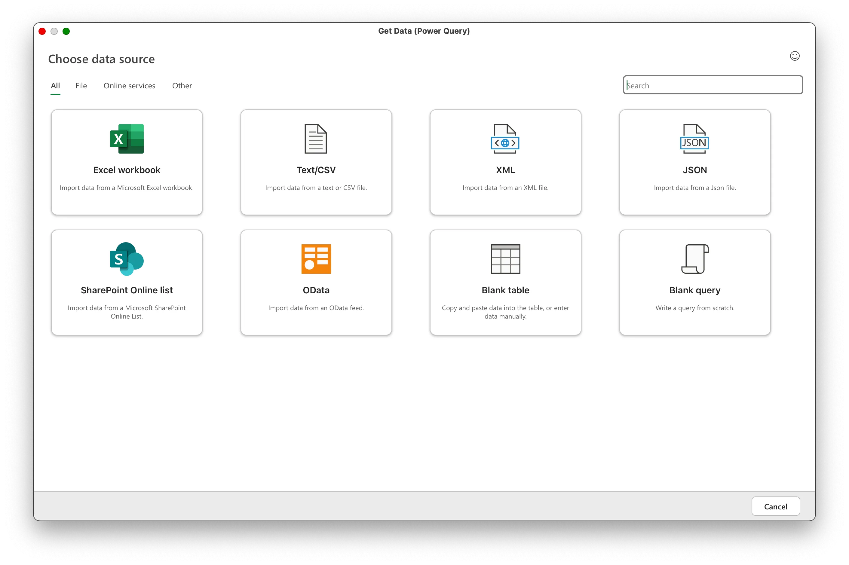 Danh sách các nguồn dữ liệu Power Query trong Microsoft Excel.