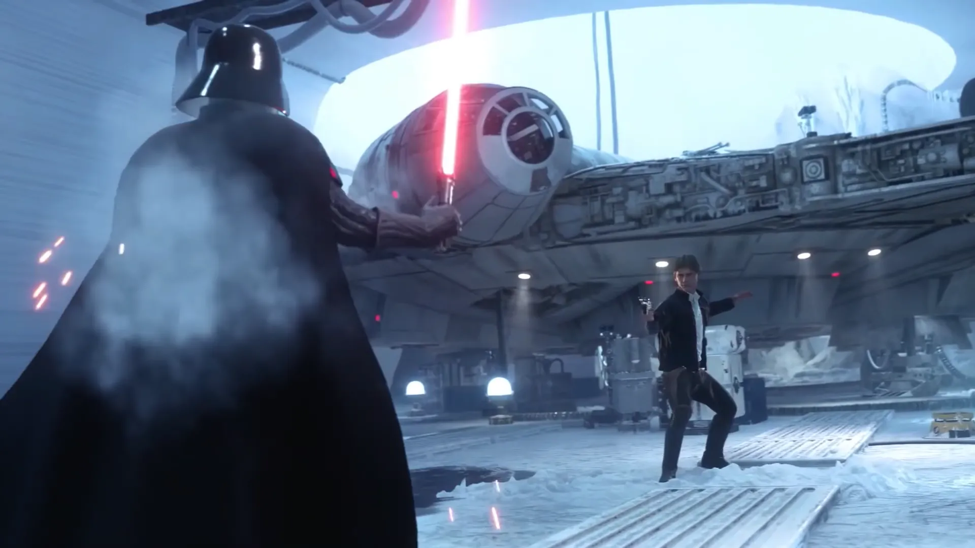 Darth Vader uy nghi tiến đến Han Solo trong bối cảnh một game Star Wars, thể hiện không khí chiến đấu mà người chơi Jedi sẽ trải nghiệm