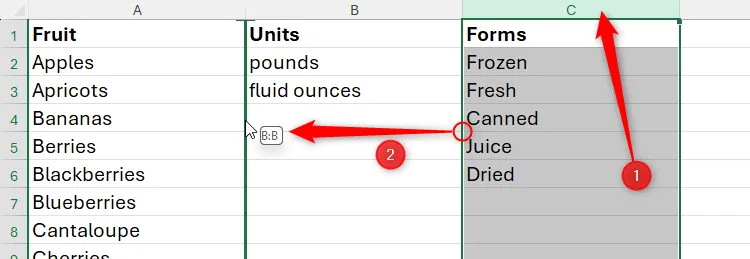 Di chuyển và chèn một cột giữa các cột khác trong Excel bằng Shift và kéo thả