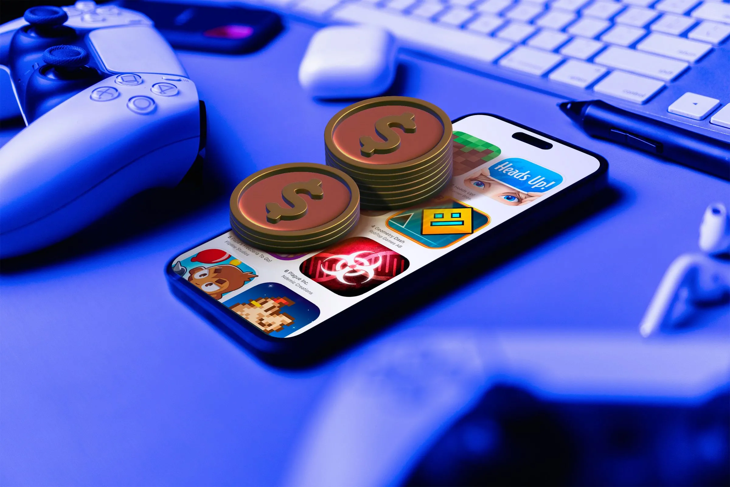 Điện thoại hiển thị game di động cùng tay cầm chơi game và tiền xu, minh họa mô hình kiếm tiền trong game.