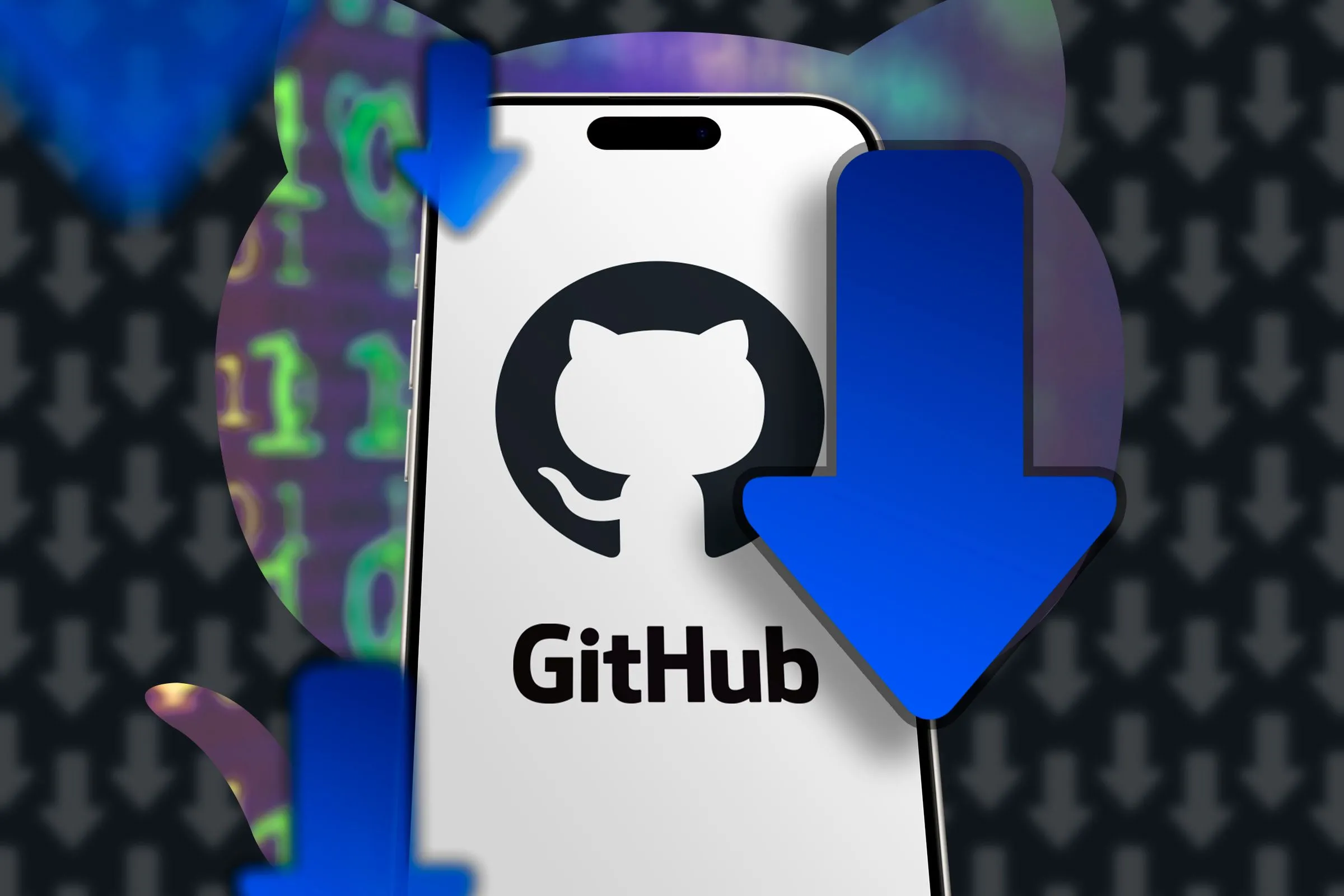 Điện thoại hiển thị logo GitHub cùng các biểu tượng tải xuống, tượng trưng cho việc tìm kiếm phần mềm nguồn mở