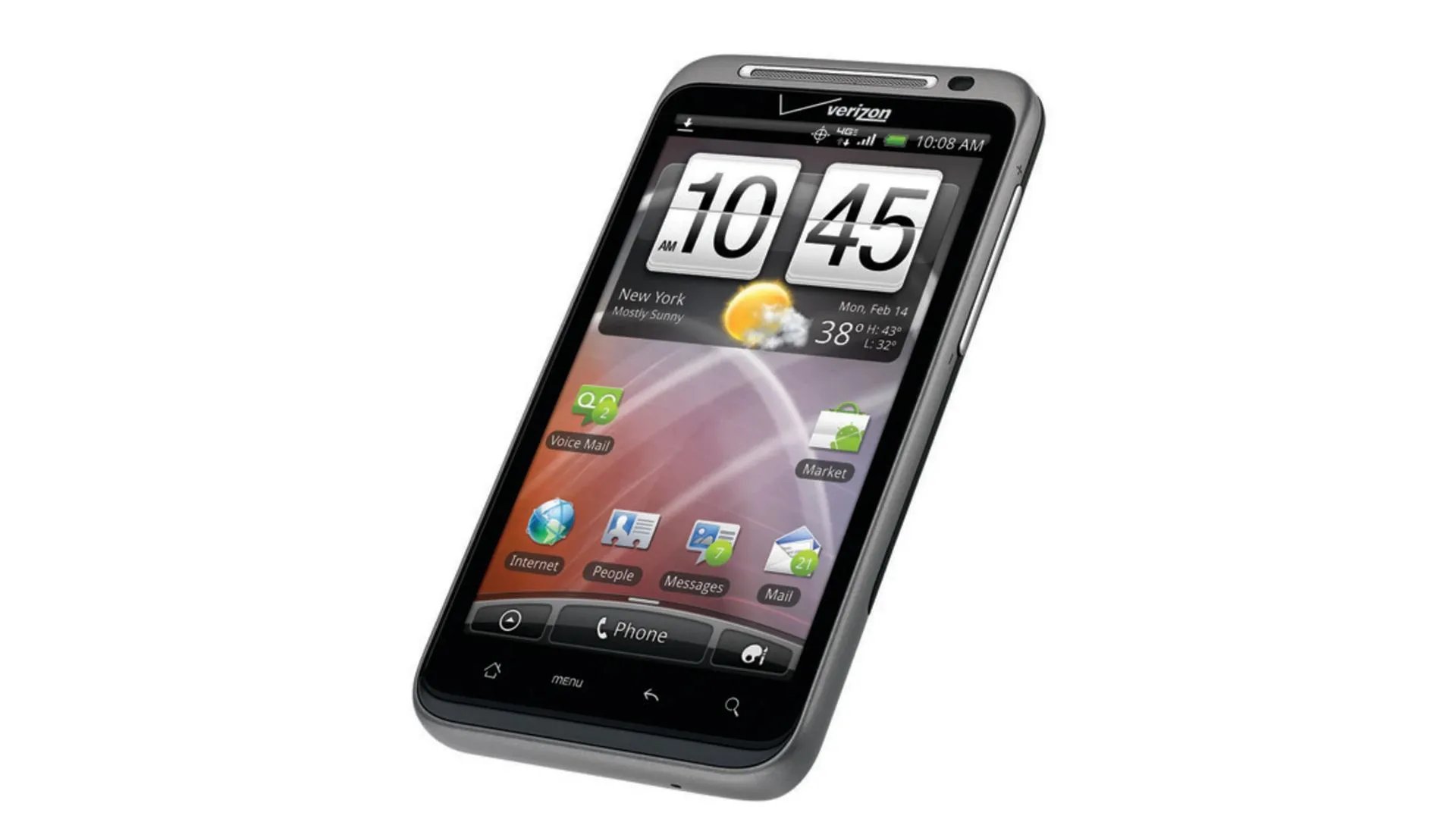 Điện thoại HTC ThunderBolt màu đen với logo Verizon ở góc dưới, thể hiện thiết kế của một trong những smartphone 4G LTE đầu tiên