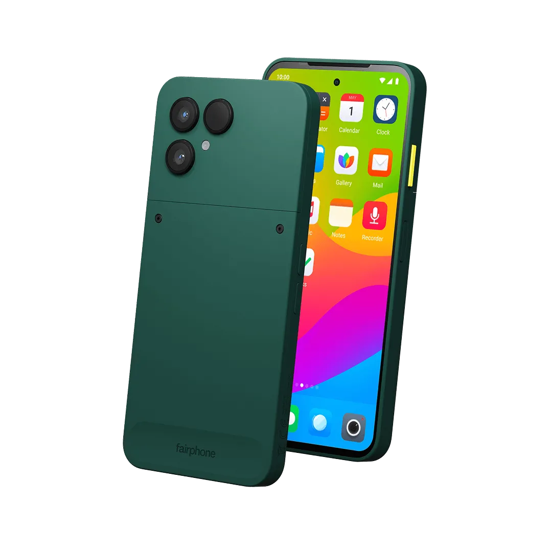 Điện thoại Murena Fairphone 6 màu xanh với thông số kỹ thuật chính như RAM, bộ nhớ, pin.