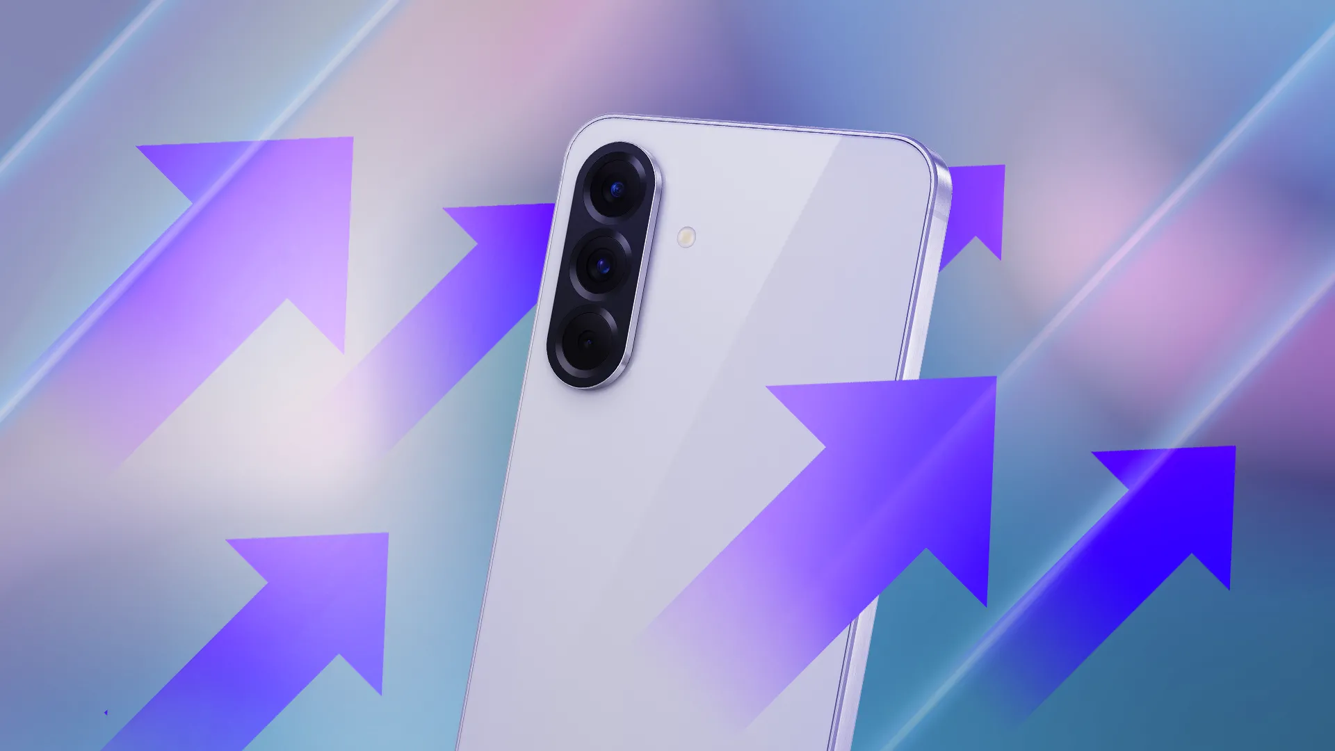 Điện thoại Samsung Galaxy A56 với các mũi tên hướng lên, tượng trưng cho hiệu suất được cải thiện