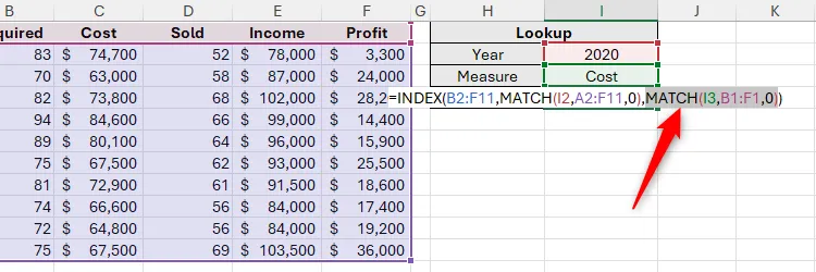 Đối số MATCH được lồng trong công thức INDEX trong Microsoft Excel được chọn.