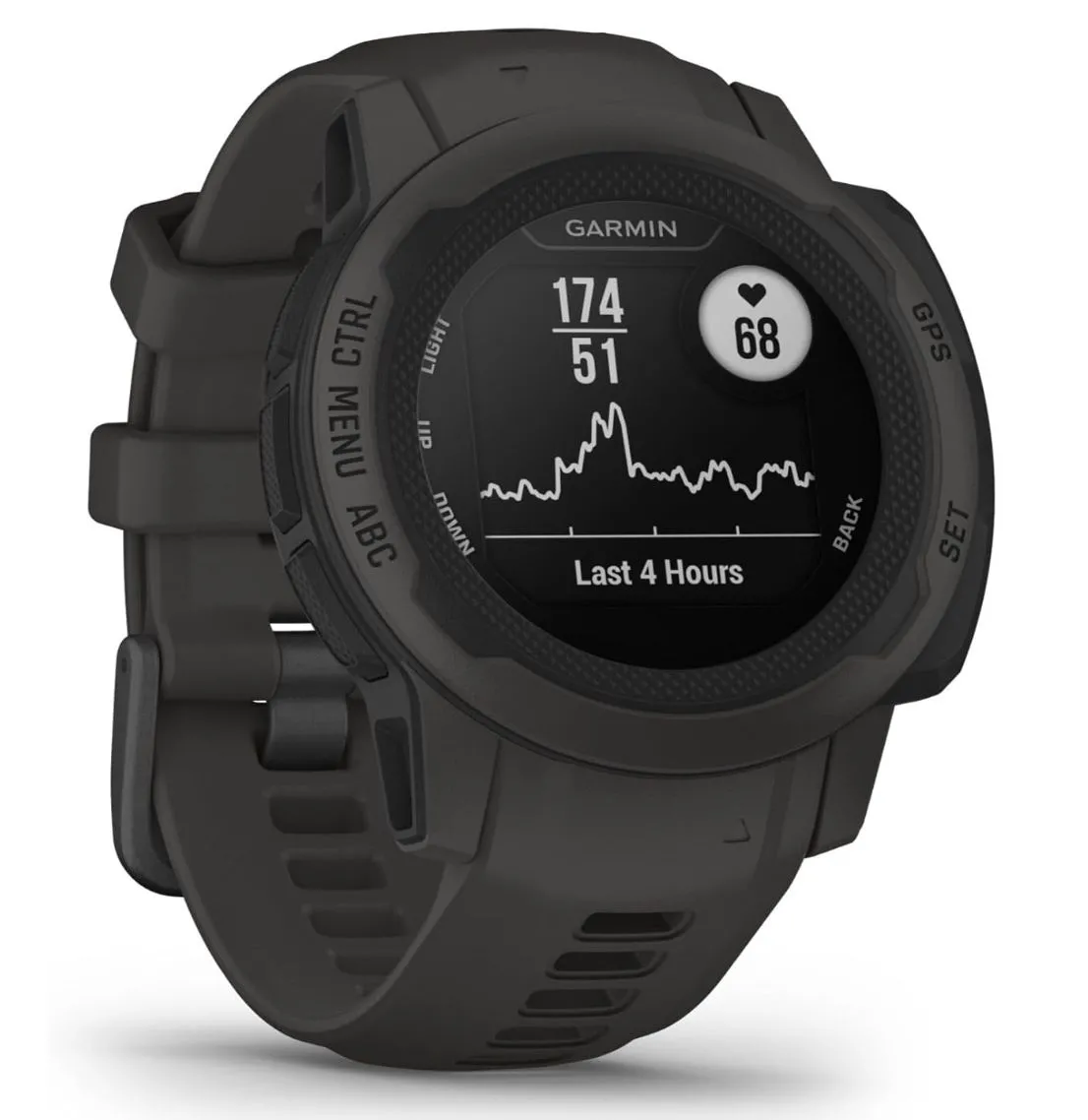Đồng hồ thông minh Garmin Instinct 2S màu đen đeo trên cổ tay, hiển thị mặt đồng hồ kỹ thuật số với các chỉ số hoạt động, thể hiện sự bền bỉ.