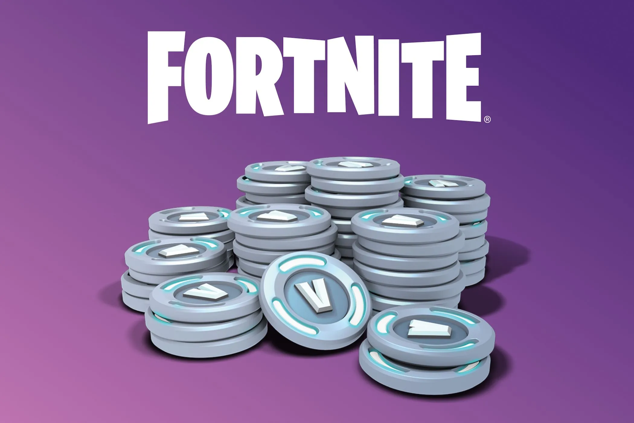 Đống tiền ảo V-Bucks bên dưới logo Fortnite, minh họa mô hình kiếm tiền qua giao dịch trong game di động.