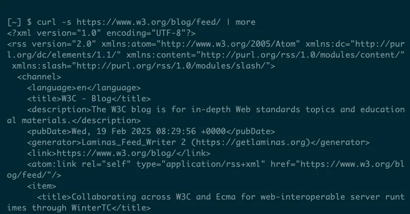Dữ liệu định dạng XML từ một RSS feed được lấy thành công bằng yêu cầu curl