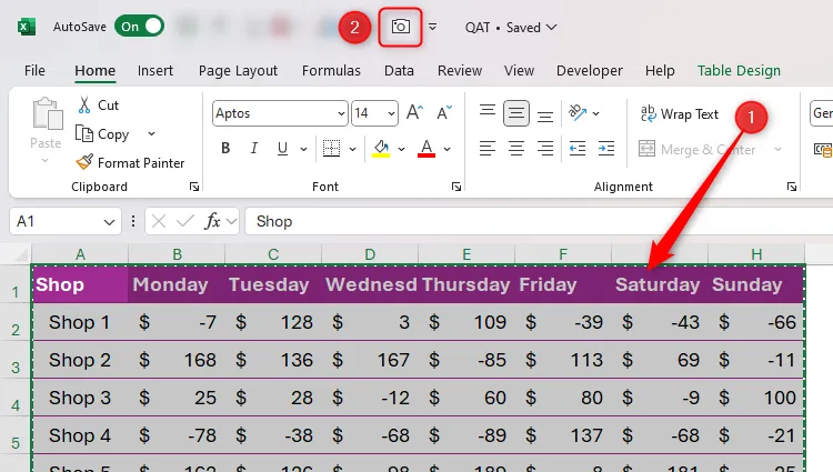 Dữ liệu Excel được chọn và công cụ Camera trong Quick Access Toolbar được làm nổi bật, chuẩn bị chụp ảnh động.
