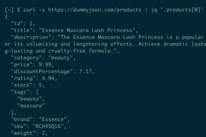 Dữ liệu sản phẩm dưới dạng JSON được trích xuất từ dummyjson.com bằng cách kết hợp lệnh curl và jq