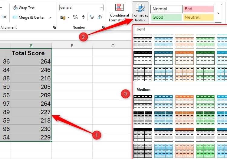 Dữ liệu trong Excel được chọn, và menu thả xuống Format as Table trong tab Home được mở rộng