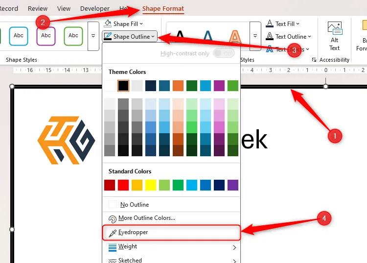 Đường viền slide trong PowerPoint được chọn, và tùy chọn &quot;Eyedropper&quot; trong menu thả xuống &quot;Shape Outline&quot; được tô sáng, sẵn sàng để hút màu.