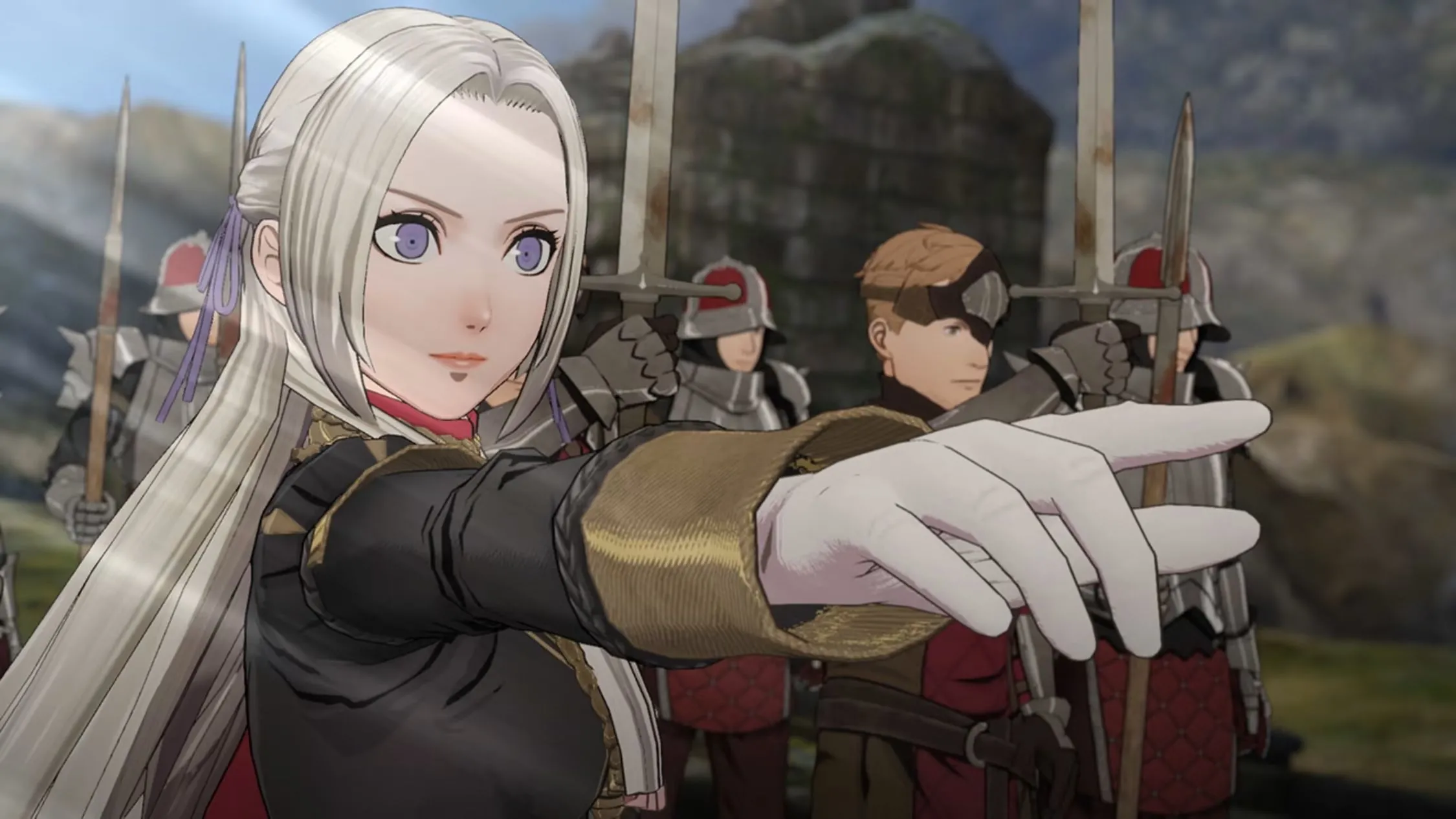 Edelgard đang chỉ tay trong Fire Emblem Three Houses, một nhân vật có nhiều khía cạnh được bộc lộ thông qua các tuyến tình cảm khác nhau trong game.