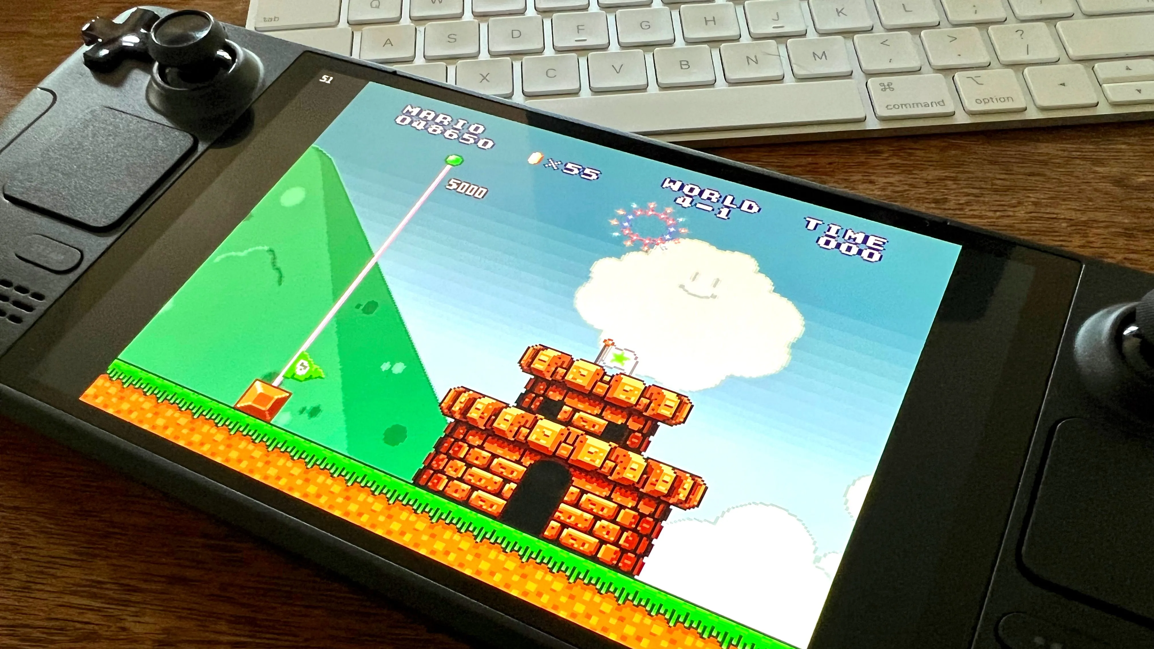 Game Super Mario All Stars trên Steam Deck, màn hình hiển thị cảnh hoàn thành cấp độ với Mario đang đứng.