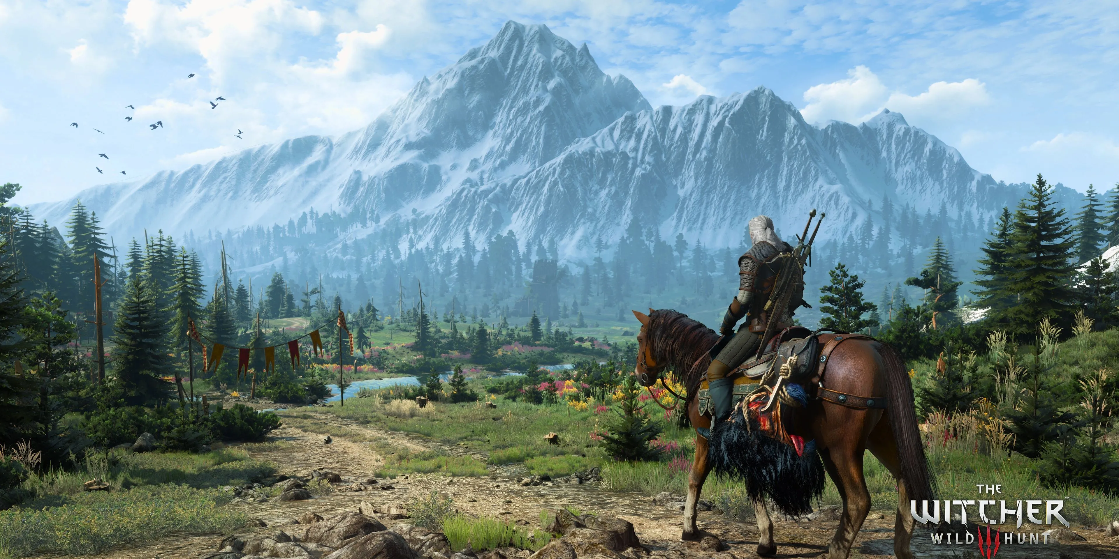 Geralt cùng Roach trên vùng đất Skellige trong The Witcher 3: Wild Hunt, thể hiện sự độc đáo của ngựa trong game thế giới mở.