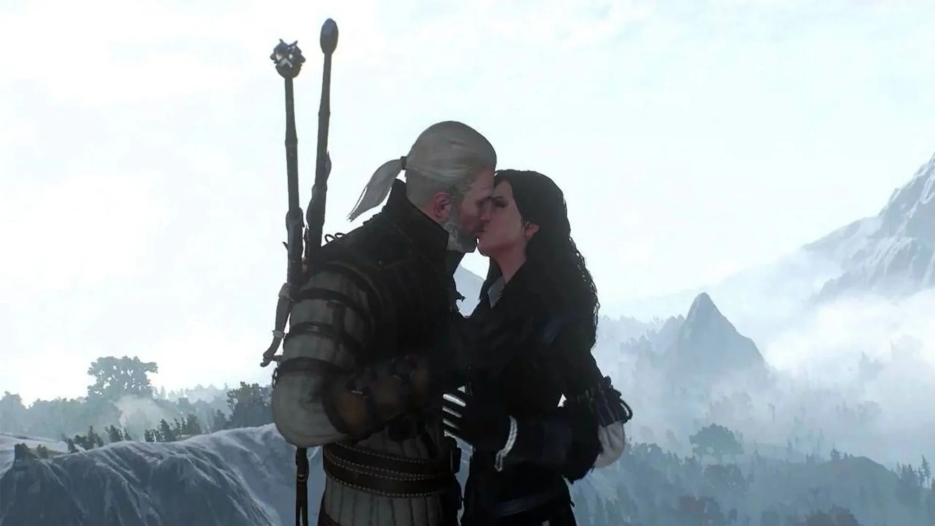 Geralt và Yennefer hôn nhau trong The Witcher 3: Wild Hunt, minh họa cách các mối quan hệ lãng mạn có thể tác động sâu sắc đến cốt truyện tổng thể của game.