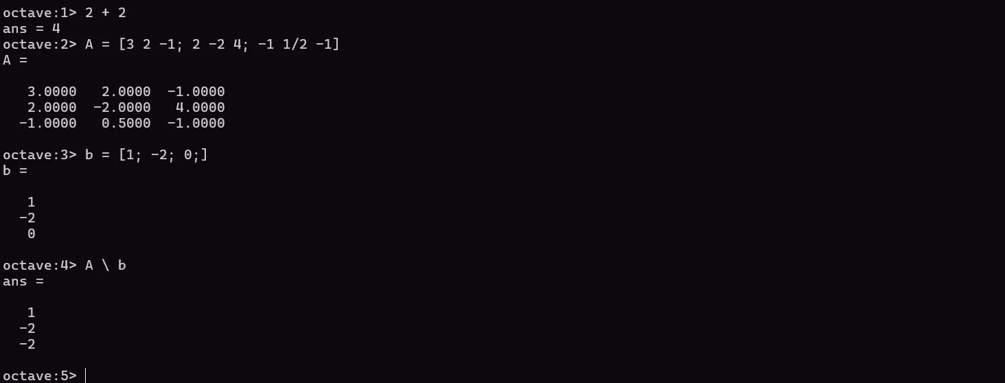 Giải hệ phương trình tuyến tính bằng ma trận trong phiên GNU Octave trên terminal