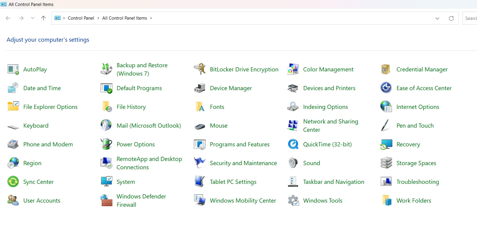 Giao diện Bảng điều khiển (Control Panel) với các tùy chọn cài đặt trên Windows 11.
