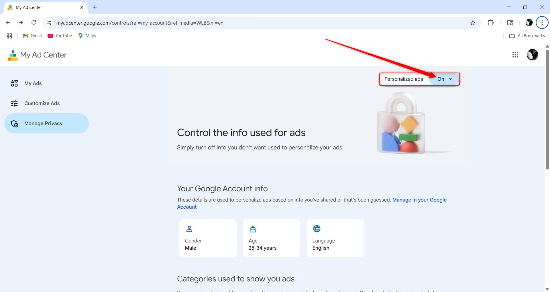 Giao diện bật tắt tùy chọn quảng cáo cá nhân hóa trong tài khoản Google của bạn