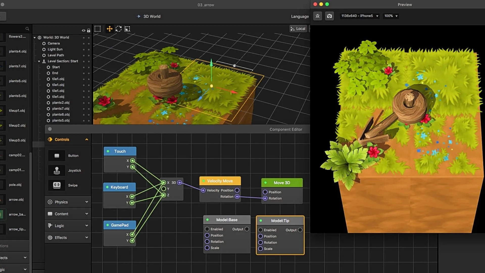 Giao diện Buildbox đang chỉnh sửa khối đất và cỏ, minh họa công cụ thiết kế game kéo thả.