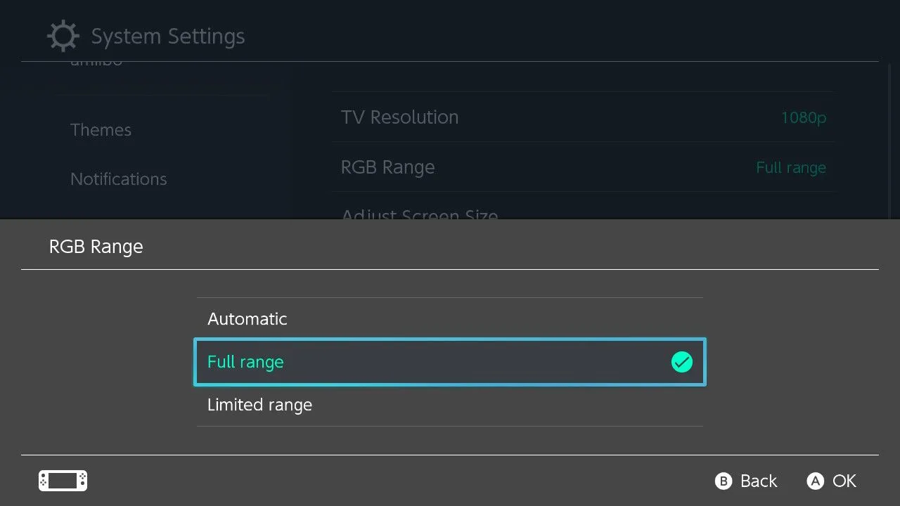 Giao diện cài đặt dải màu RGB (Full, Limited, Auto) cho Nintendo Switch khi kết nối TV.