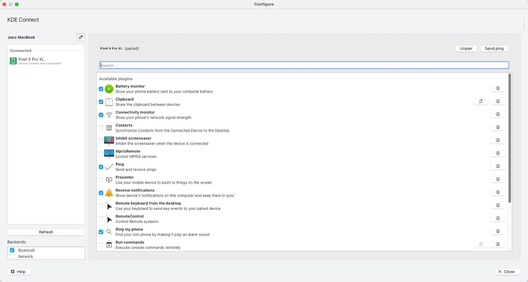 Giao diện cấu hình plug-in của KDE Connect trên macOS, hiển thị các tùy chọn và cài đặt chi tiết