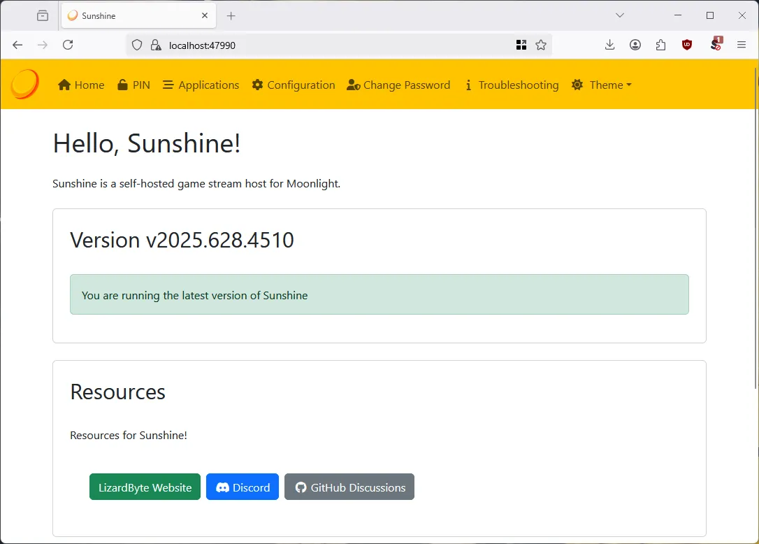 Giao diện cấu hình web UI của máy chủ streaming game Sunshine.