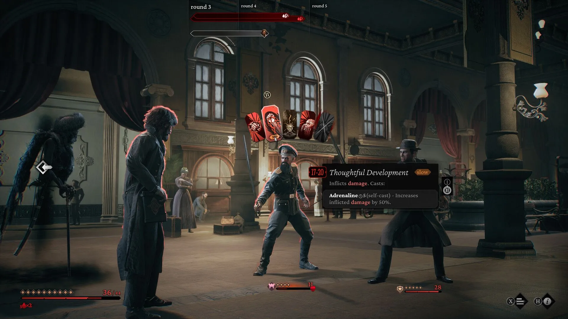 Giao diện chiến đấu theo lượt trong game The Thaumaturge với phong cách gothic