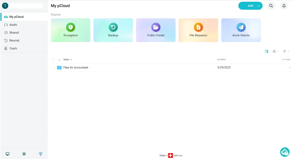 Giao diện chính của pCloud, minh họa khả năng quản lý tệp và thư mục dễ dàng.