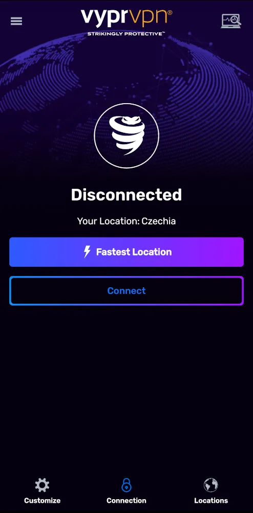 Giao diện chính của ứng dụng VyprVPN với nút kết nối lớn và danh sách máy chủ