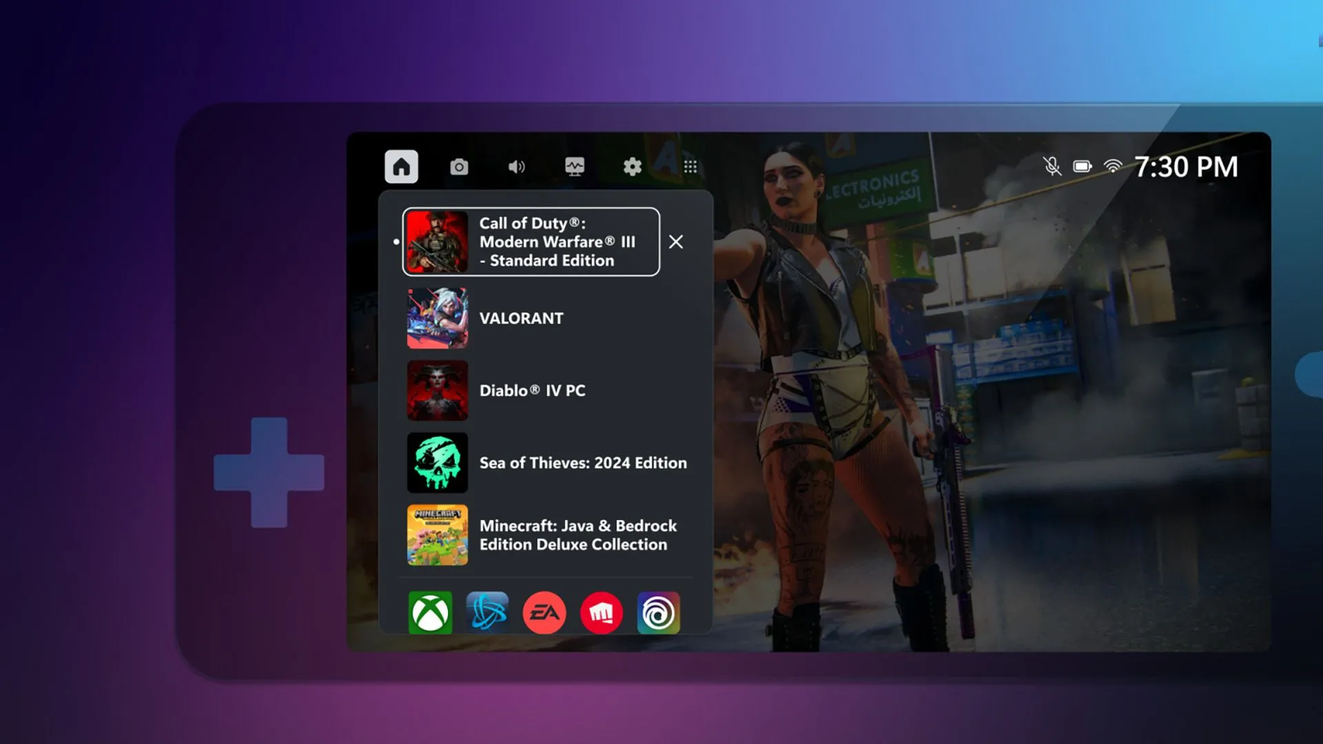 Giao diện chọn game trên thiết bị PC cầm tay, thể hiện sự cải tiến của Xbox Game Bar.