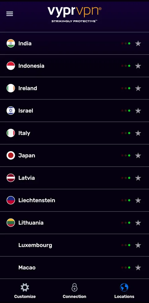 Giao diện chọn máy chủ của VyprVPN với danh sách các quốc gia