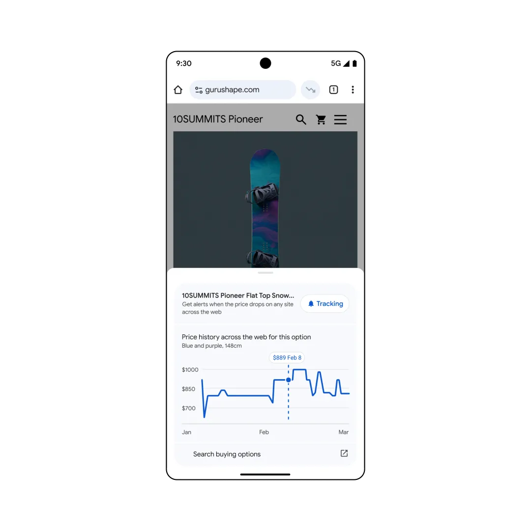Giao diện Chrome trên Android hiển thị thông tin chi tiết và lịch sử giá sản phẩm.