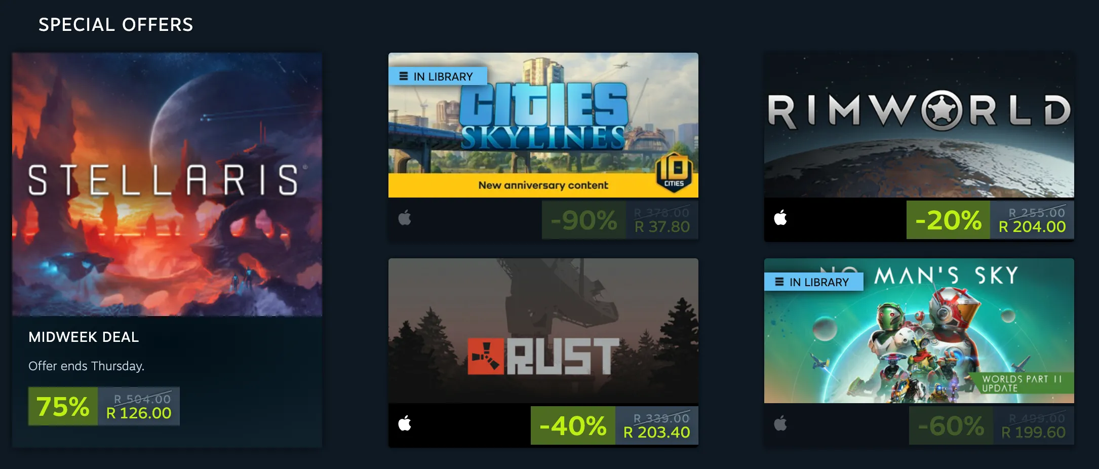 Giao diện cửa hàng Steam trên macOS hiển thị các trò chơi đang giảm giá, chứng minh sự hiện diện của các nền tảng phân phối game lớn trên hệ điều hành này.